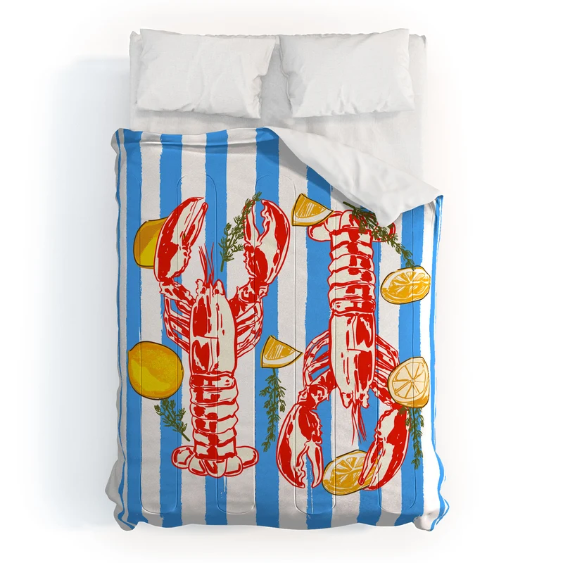 Blue Coastal Stripes Lobster and Lemon Mediterranean Illustration Comforter