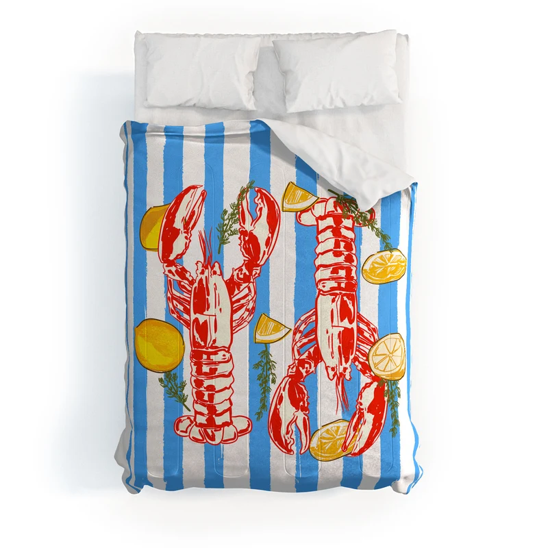Blue Coastal Stripes Lobster and Lemon Mediterranean Illustration Comforter