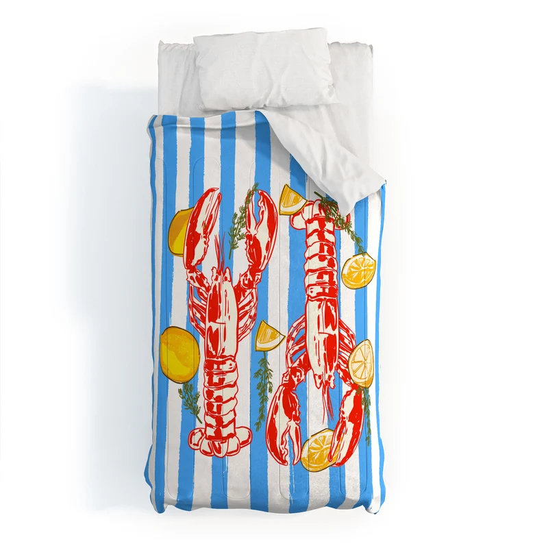 Blue Coastal Stripes Lobster and Lemon Mediterranean Illustration Comforter