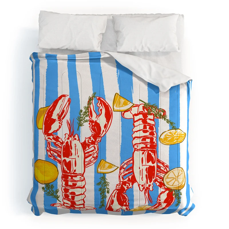Blue Coastal Stripes Lobster and Lemon Mediterranean Illustration Comforter