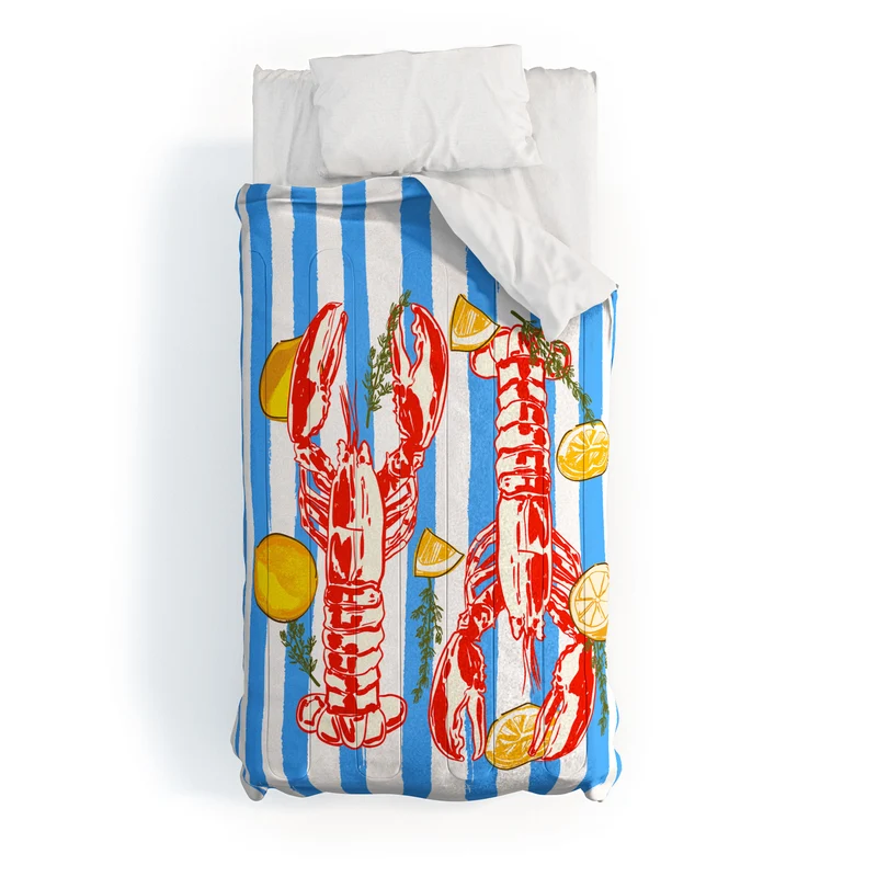 Blue Coastal Stripes Lobster and Lemon Mediterranean Illustration Comforter