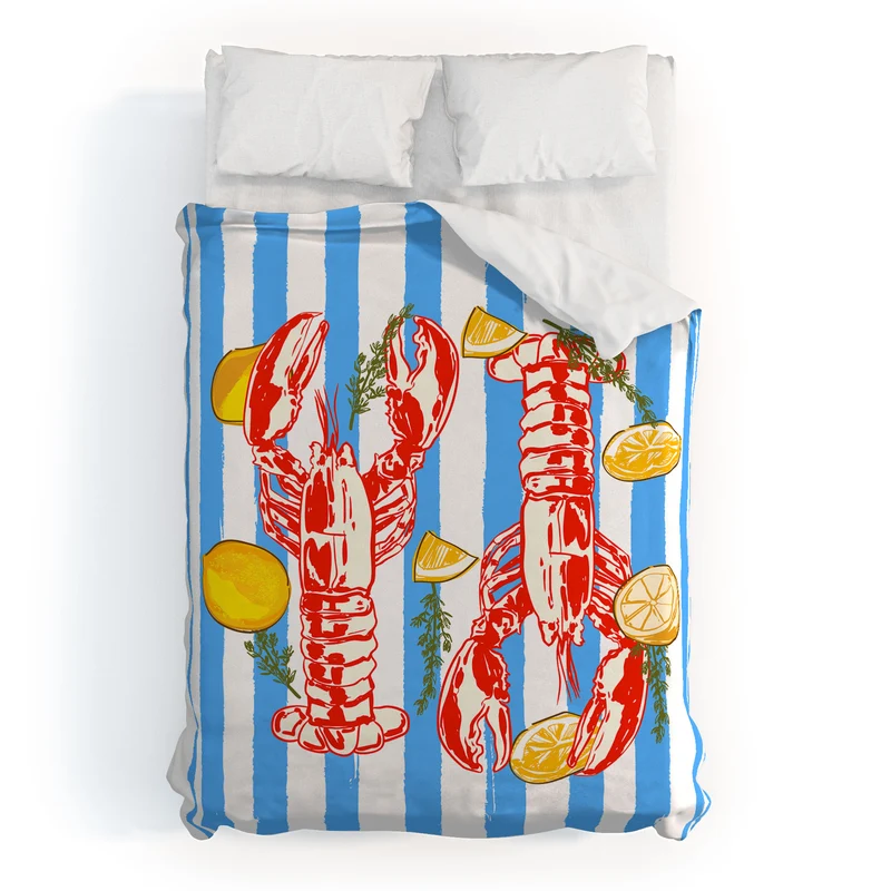 Blue Coastal Stripes Lobster and Lemon Mediterranean Illustration Duvet Cover