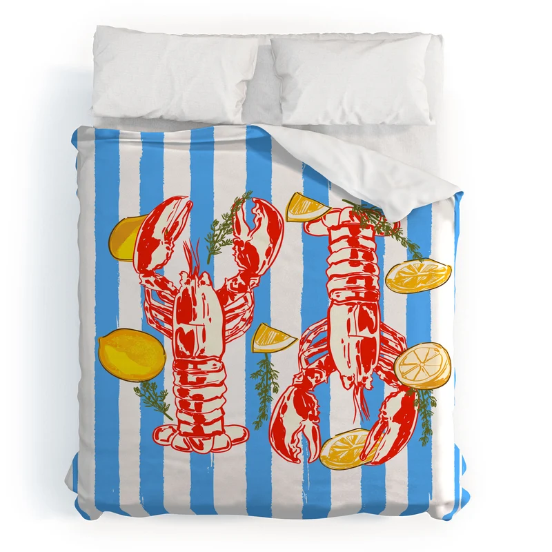 Blue Coastal Stripes Lobster and Lemon Mediterranean Illustration Duvet Cover