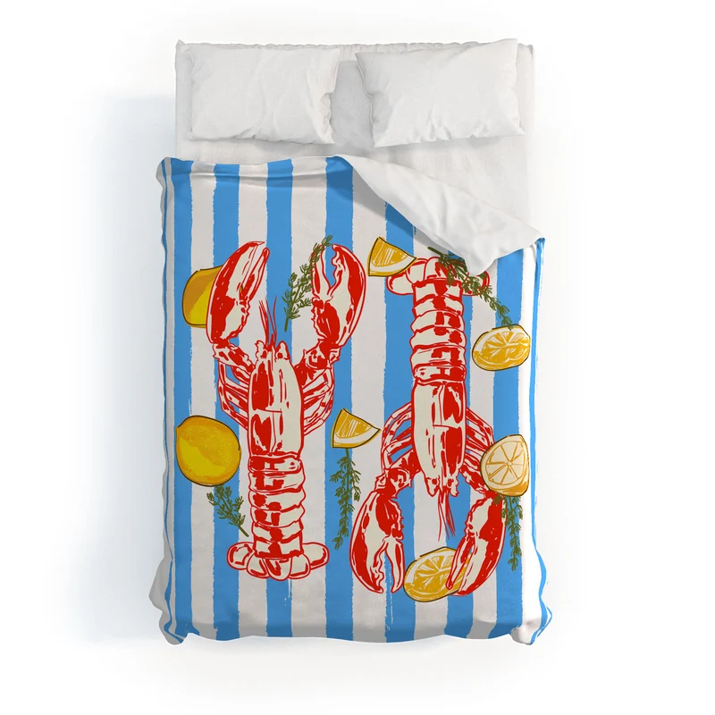 Blue Coastal Stripes Lobster and Lemon Mediterranean Illustration Duvet Cover