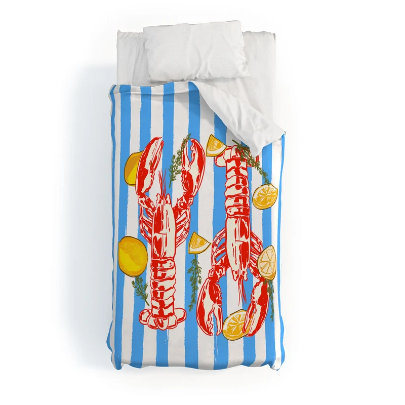 Blue Coastal Stripes Lobster and Lemon Mediterranean Illustration Duvet Cover