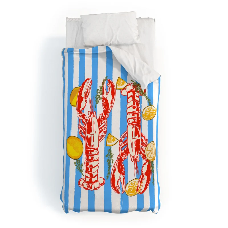 Blue Coastal Stripes Lobster and Lemon Mediterranean Illustration Duvet Cover