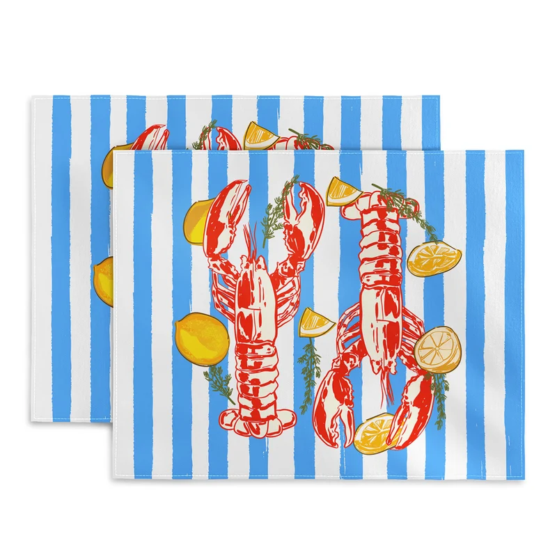 Blue Coastal Stripes Lobster and Lemon Mediterranean Illustration Placemat