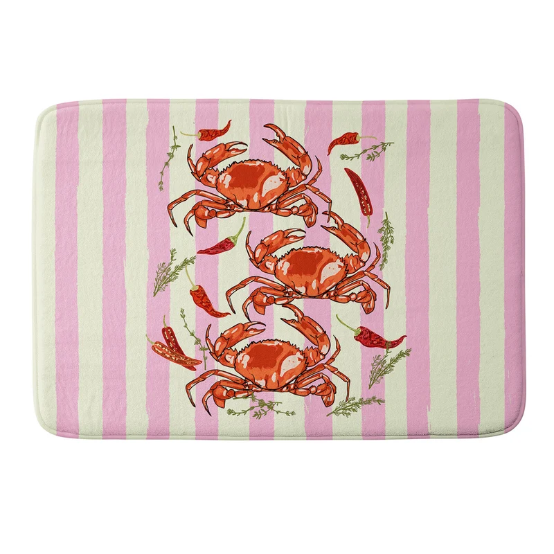Spicy Red Crabs on Pink Pastel Stripes Retro Coastal Illustration Bath Mat