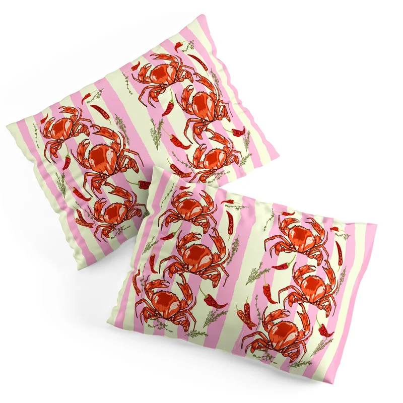 Spicy Red Crabs on Pink Pastel Stripes Retro Coastal Illustration Pillow Sham