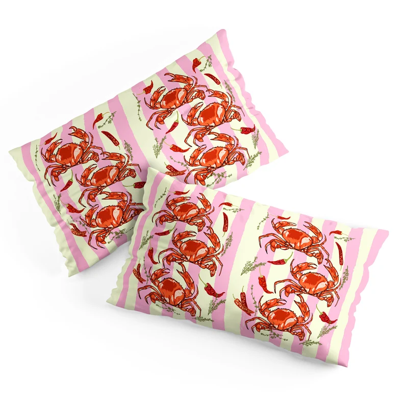 Spicy Red Crabs on Pink Pastel Stripes Retro Coastal Illustration Pillow Sham