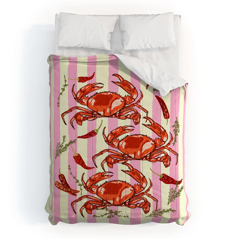 Spicy Red Crabs on Pink Pastel Stripes Retro Coastal Illustration Comforter