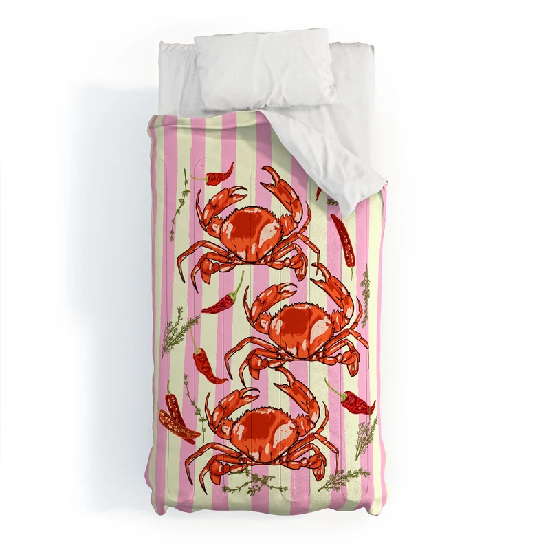 Spicy Red Crabs on Pink Pastel Stripes Retro Coastal Illustration Comforter