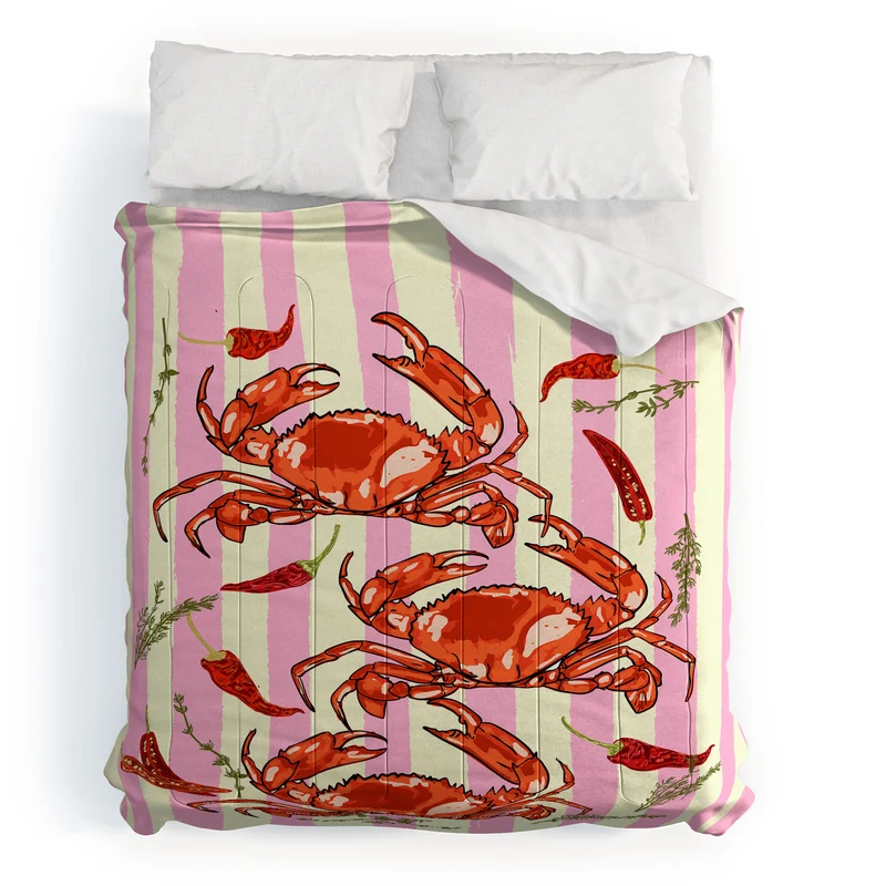 Spicy Red Crabs on Pink Pastel Stripes Retro Coastal Illustration Comforter