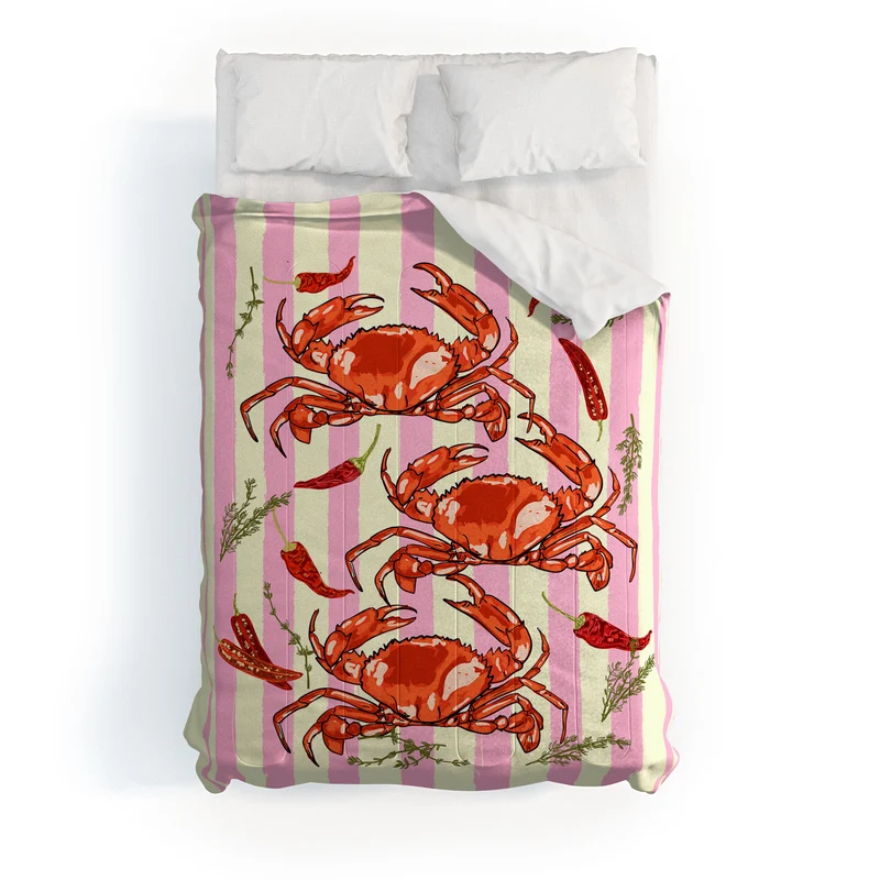Spicy Red Crabs on Pink Pastel Stripes Retro Coastal Illustration Comforter