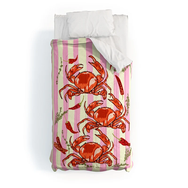 Spicy Red Crabs on Pink Pastel Stripes Retro Coastal Illustration Comforter