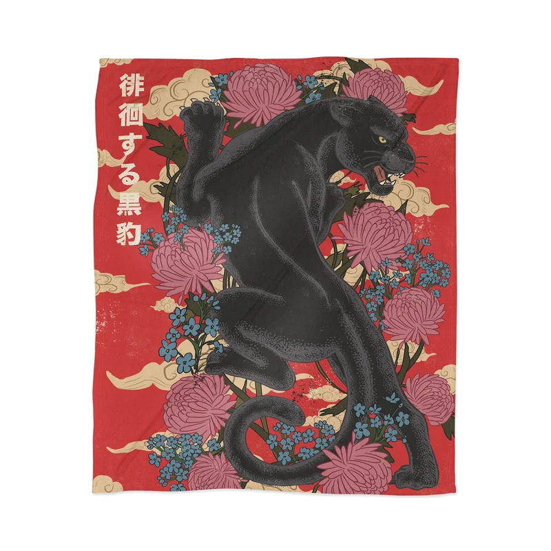 Traditional Panther and Chrysanthemums Illustration Throw Blanket