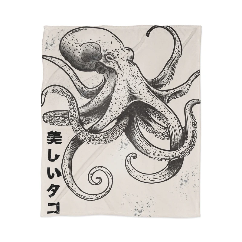 Vintage Octopus Illustration with Japanese Typography Throw Blanket