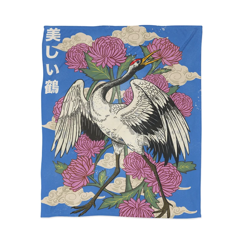 Elegant Crane and Chrysanthemums Throw Blanket