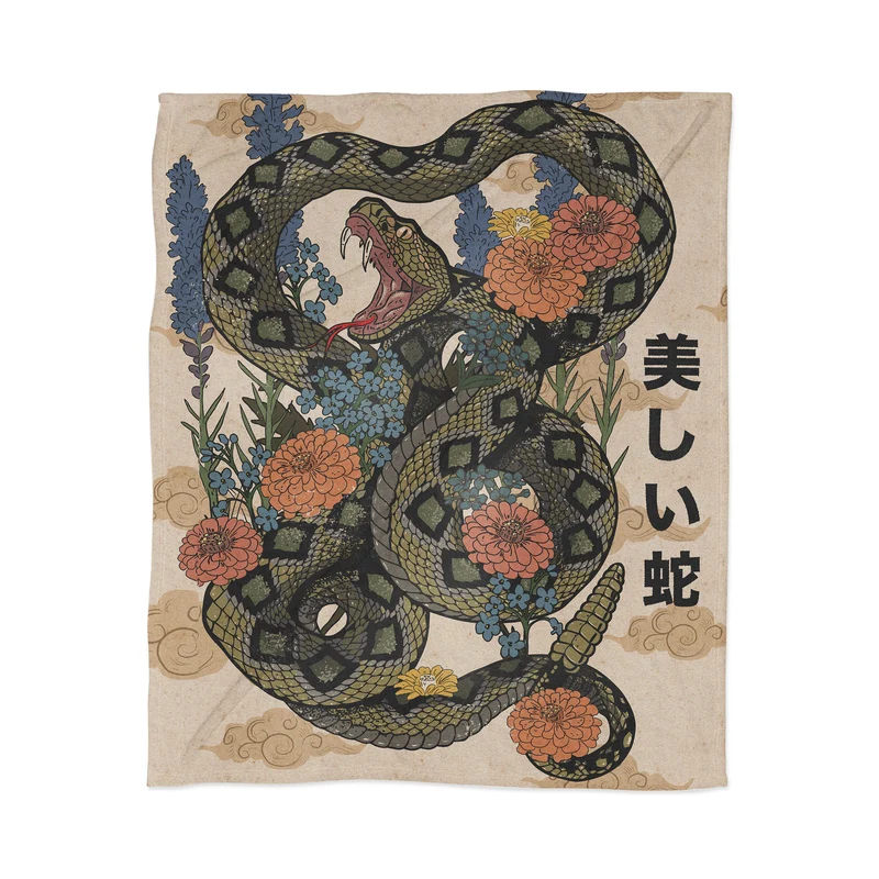 Serpent and Florals Illustration Throw Blanket