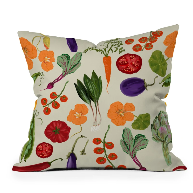 Colorful Garden Vegetables and Nasturtium Flowers Throw Pillow