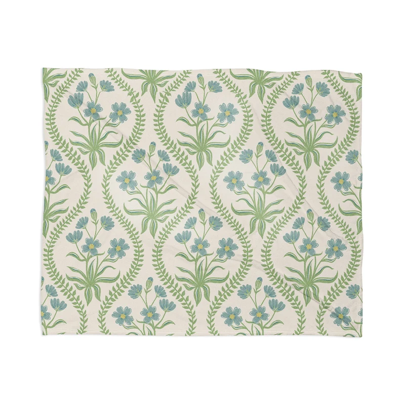 Blue Wildflowers Vintage Ogee Traditional Blue Green Cream Floral Throw Blanket