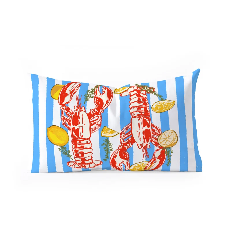 Blue Coastal Stripes Lobster and Lemon Mediterranean Illustration Rectangular Pillow