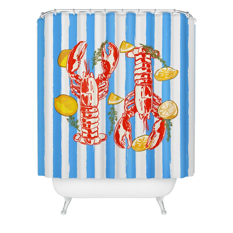 Blue Coastal Stripes Lobster and Lemon Mediterranean Illustration Shower Curtain
