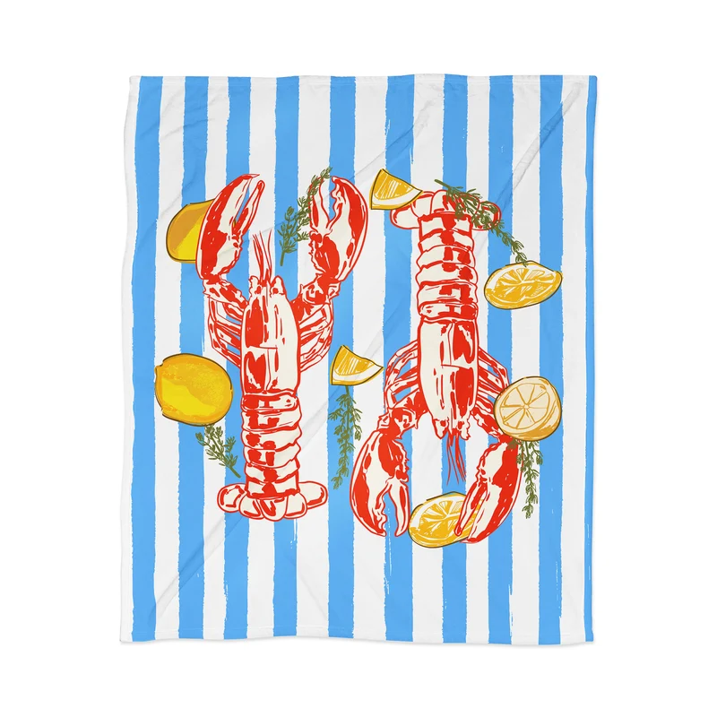 Blue Coastal Stripes Lobster and Lemon Mediterranean Illustration Throw Blanket