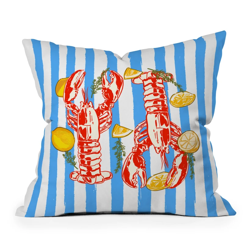 Blue Coastal Stripes Lobster and Lemon Mediterranean Illustration Throw Pillow