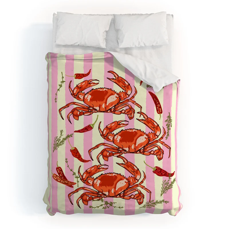 Spicy Red Crabs on Pink Pastel Stripes Retro Coastal Illustration Duvet Cover