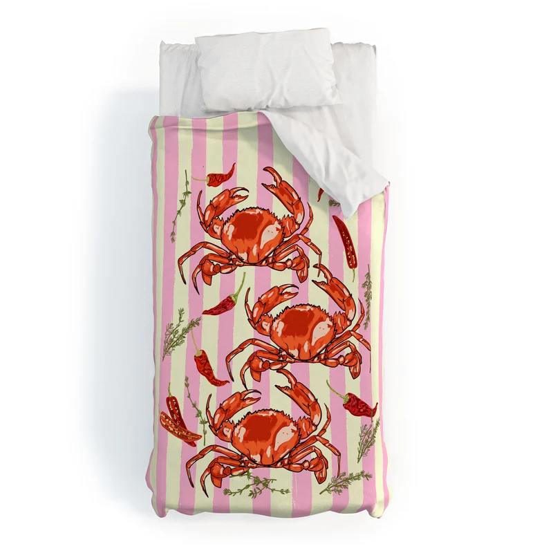 Spicy Red Crabs on Pink Pastel Stripes Retro Coastal Illustration Duvet Cover