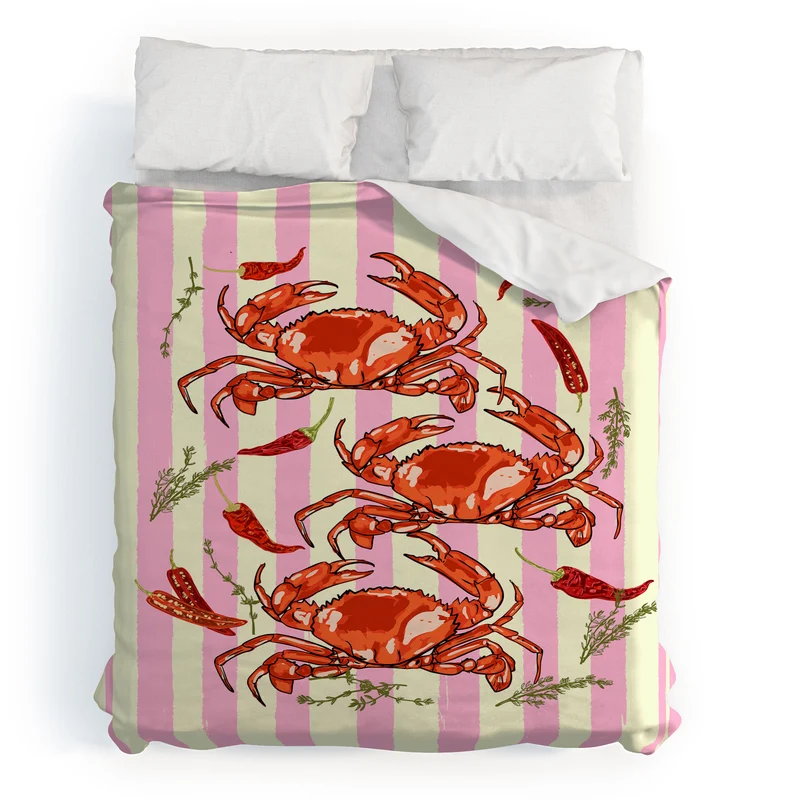 Spicy Red Crabs on Pink Pastel Stripes Retro Coastal Illustration Duvet Cover