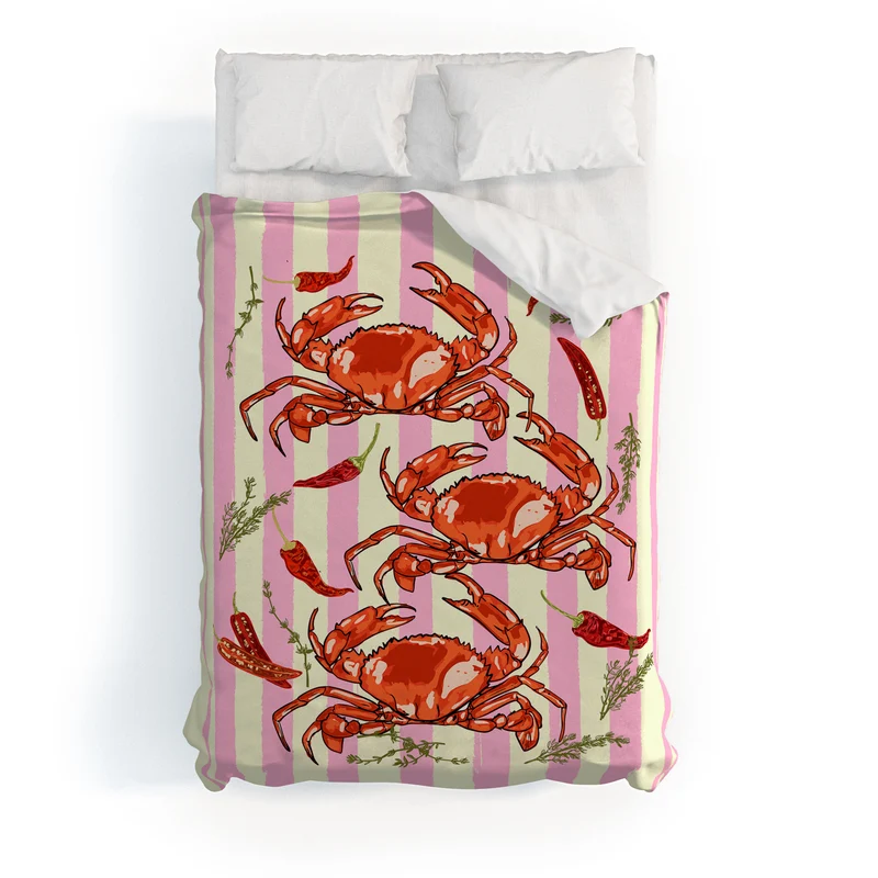Spicy Red Crabs on Pink Pastel Stripes Retro Coastal Illustration Duvet Cover
