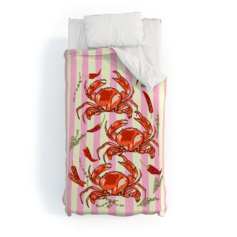 Spicy Red Crabs on Pink Pastel Stripes Retro Coastal Illustration Duvet Cover