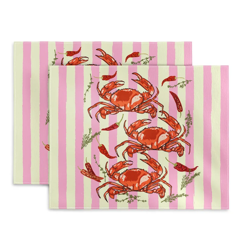 Spicy Red Crabs on Pink Pastel Stripes Retro Coastal Illustration Placemat