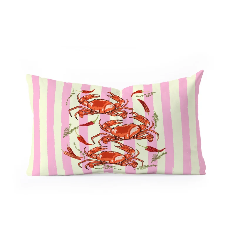 Spicy Red Crabs on Pink Pastel Stripes Retro Coastal Illustration Rectangular Pillow
