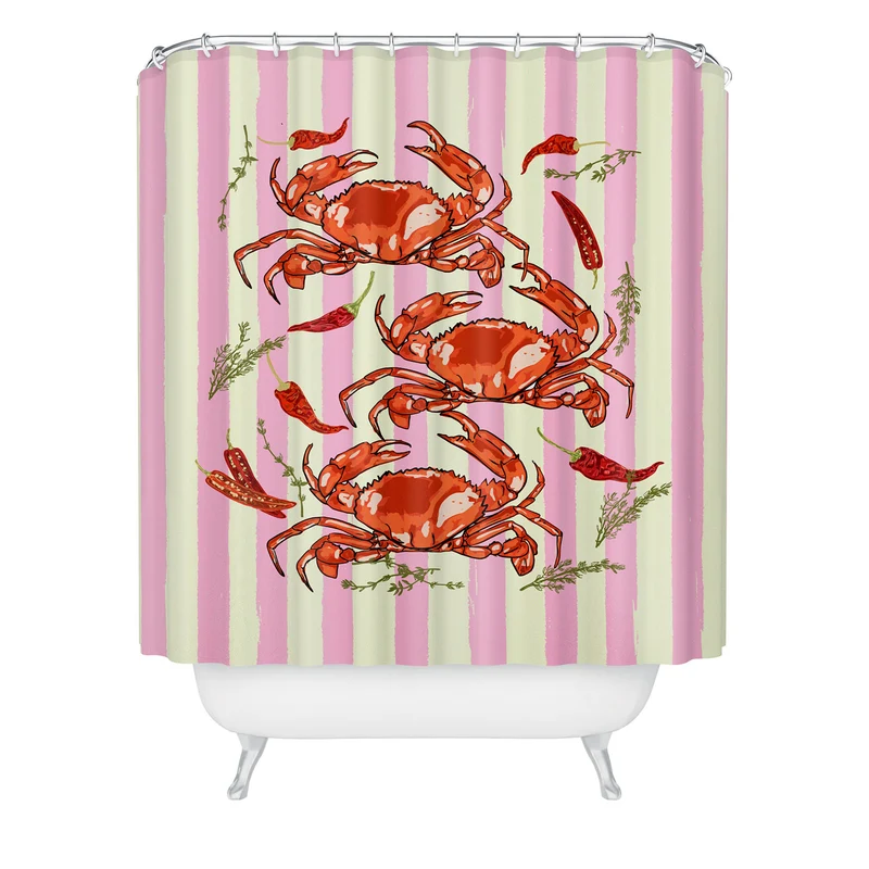 Spicy Red Crabs on Pink Pastel Stripes Retro Coastal Illustration Shower Curtain