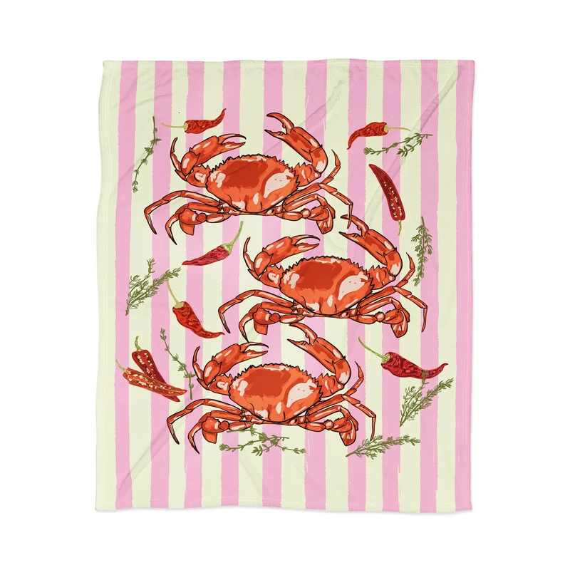 Spicy Red Crabs on Pink Pastel Stripes Retro Coastal Illustration Throw Blanket