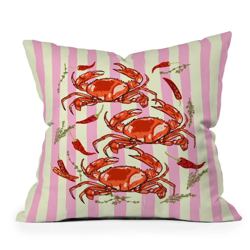 Spicy Red Crabs on Pink Pastel Stripes Retro Coastal Illustration Throw Pillow
