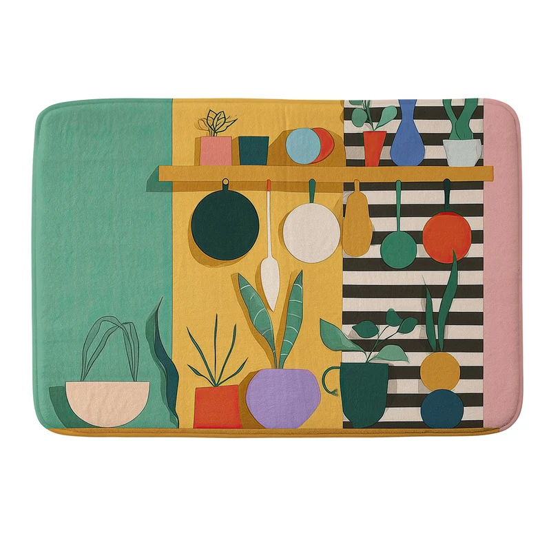 Abstract Modern Kitchen Art With Plants And Hanging Utensils Bath Mat