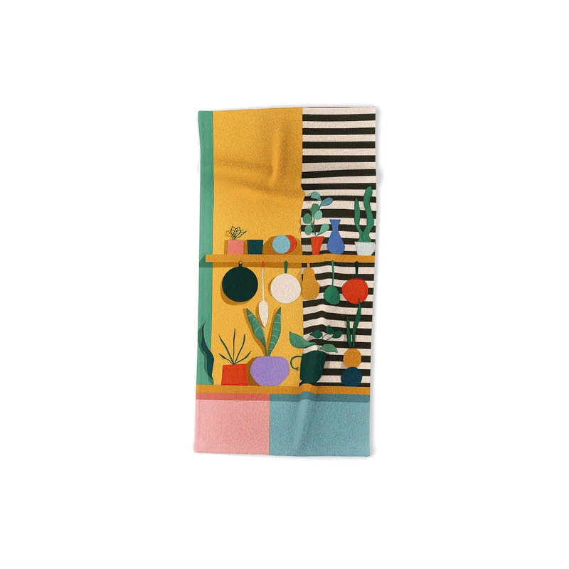 Abstract Modern Kitchen Art With Plants And Hanging Utensils Bath Towel