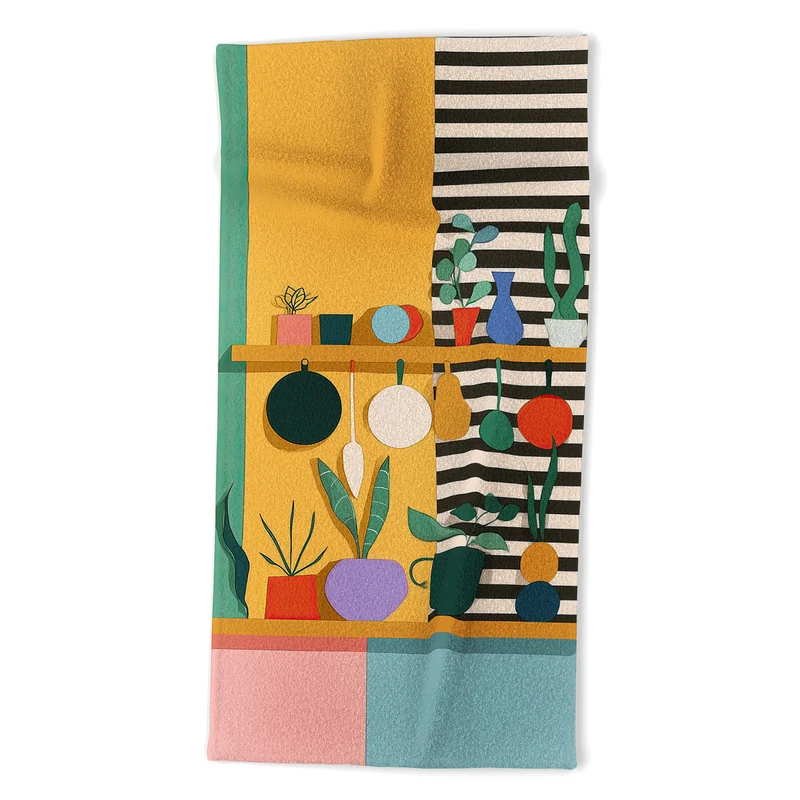 Abstract Modern Kitchen Art With Plants And Hanging Utensils Bath Towel