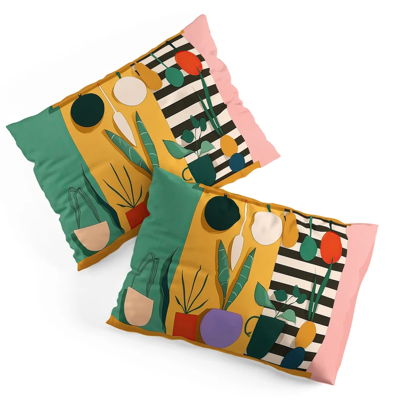Abstract Modern Kitchen Art With Plants And Hanging Utensils Pillow Sham