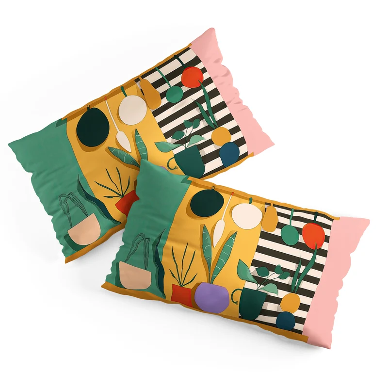 Abstract Modern Kitchen Art With Plants And Hanging Utensils Pillow Sham