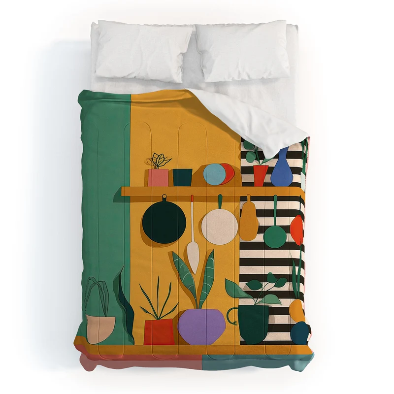 Abstract Modern Kitchen Art With Plants And Hanging Utensils Comforter