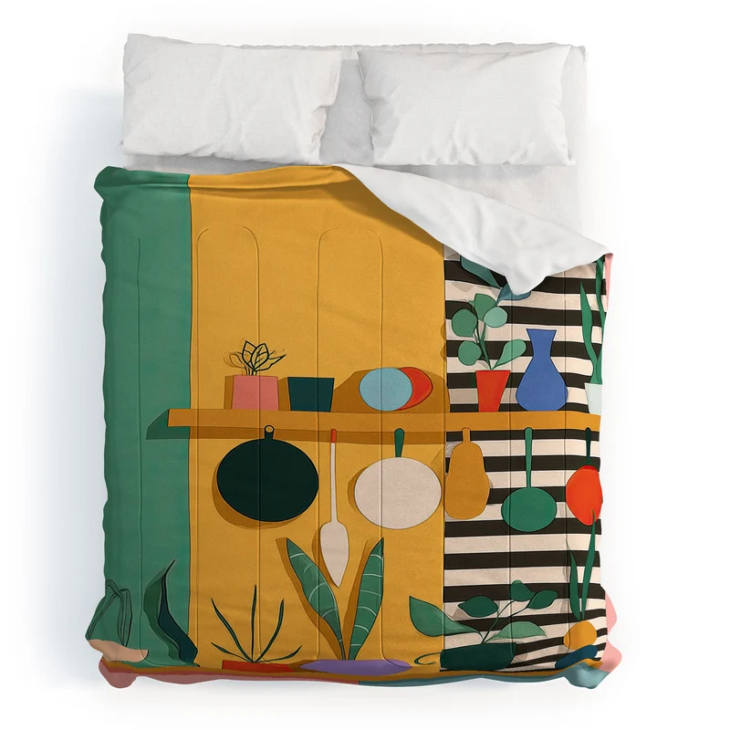 Abstract Modern Kitchen Art With Plants And Hanging Utensils Comforter
