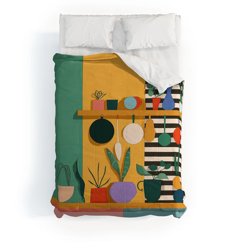 Abstract Modern Kitchen Art With Plants And Hanging Utensils Comforter