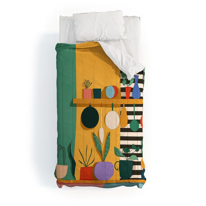 Abstract Modern Kitchen Art With Plants And Hanging Utensils Comforter