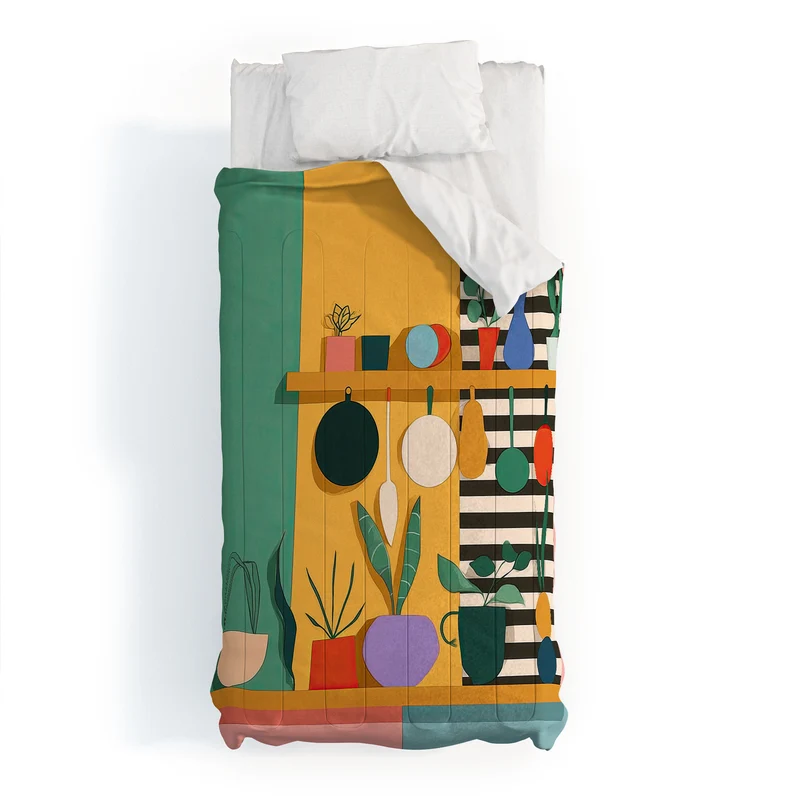 Abstract Modern Kitchen Art With Plants And Hanging Utensils Comforter