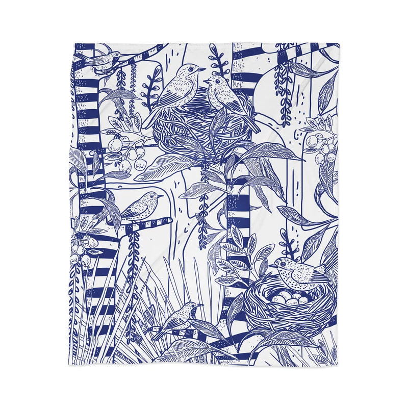Folk Art Blue Bird Illustration Throw Blanket